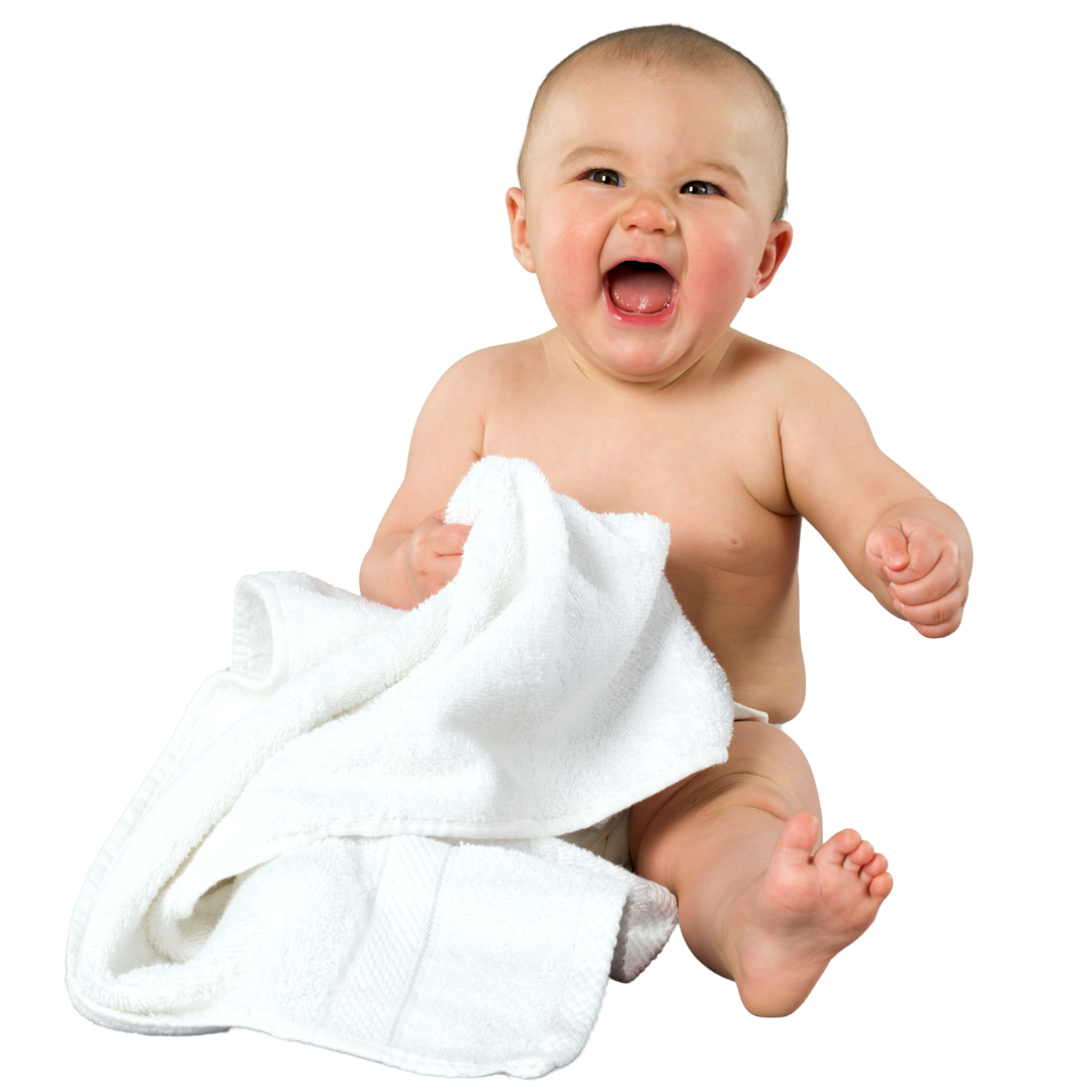 A smiling baby wrapped in a white towel.