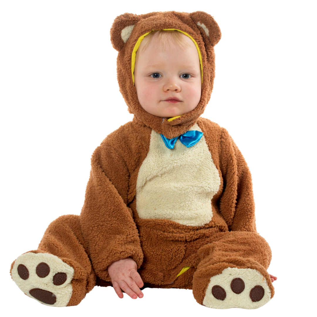 A toddler wearing a bear costume.