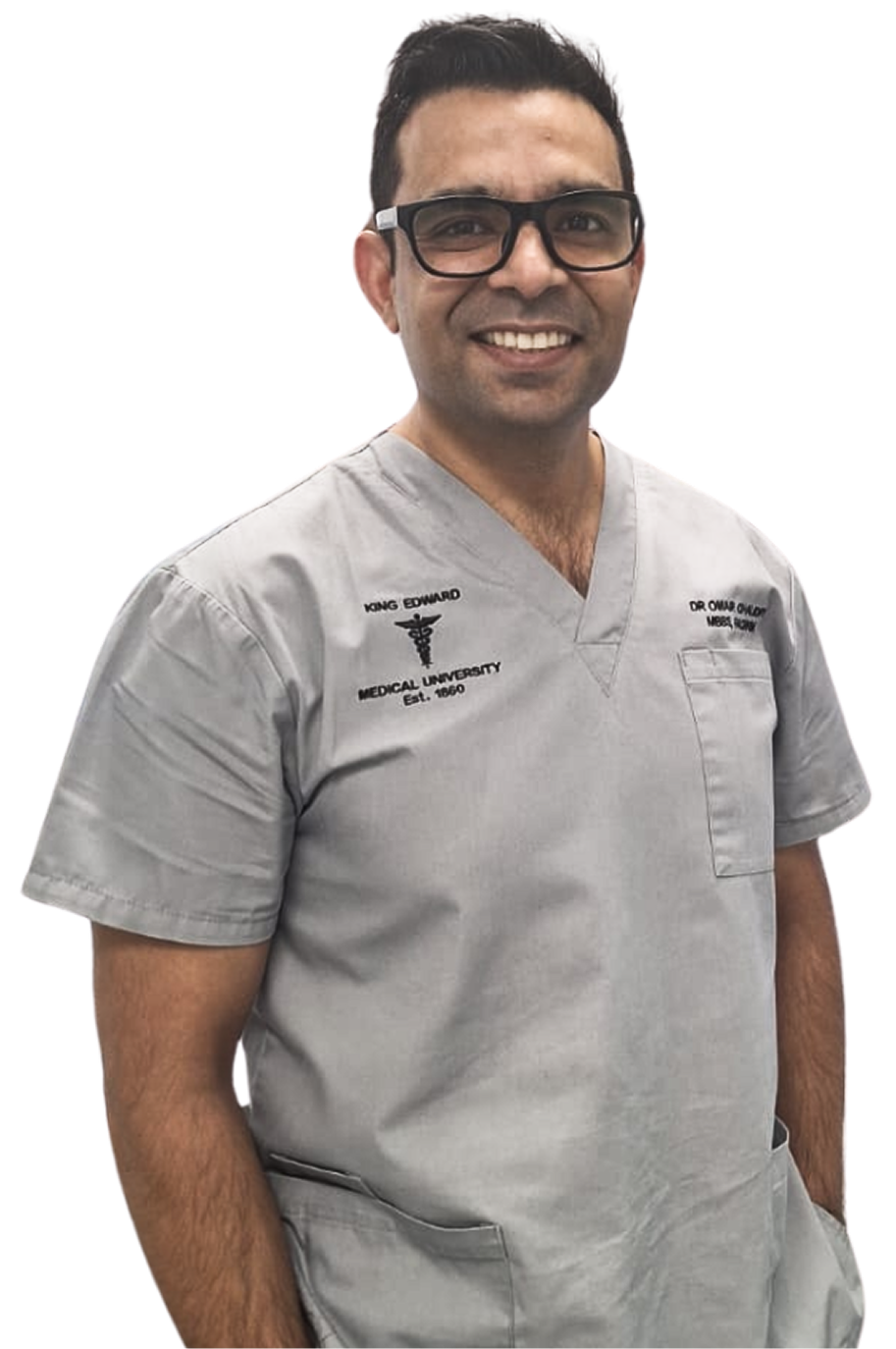 Dr Omair Chaudry smiling in clinical scrubs.